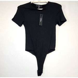 New Lulus Bodysuit Womens S Black Ribbed Knit Short Sleeve Stretch One Piece
